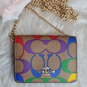 COACH Rainbow Signature canvas convertible mini wallet golden Chain